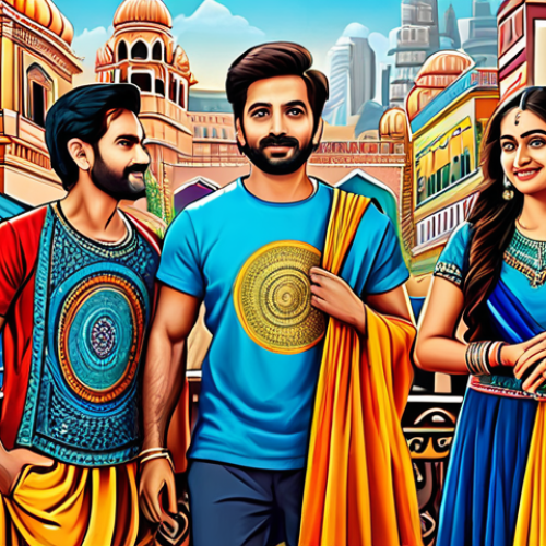 Home 19 A vibrant, illustration-based T-shirt design featuring a Bollywood-inspired cityscape with intricate details, fully clothed figures in traditional attire, appropriate content, safe for work, perfect anatomy, high quality, professional illustration.