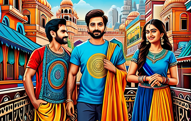 A vibrant, illustration-based T-shirt design featuring a Bollywood-inspired cityscape with intricate details, fully clothed figures in traditional attire, appropriate content, safe for work, perfect anatomy, high quality, professional illustration.