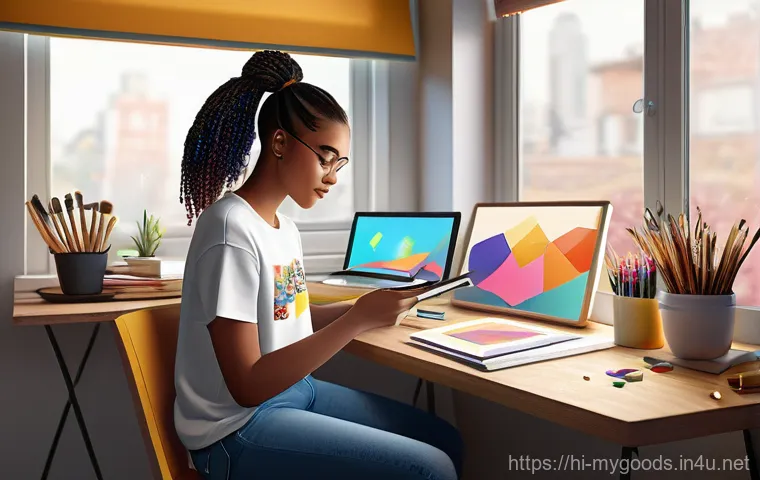 굿즈 제작 가능한 사이트 비교 - **Prompt 1: "A young, diverse female artist in her brightly lit home studio, wearing a comfortable b...