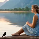 레이저 컷팅을 활용한 굿즈 제작 - **Prompt 1: Serene Lakeside Morning**
    "A young woman, approximately 20-25 years old, sits peacef...